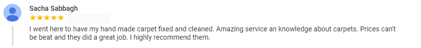 Five star carpet cleaning and repair testimonial received from a very happy customer.